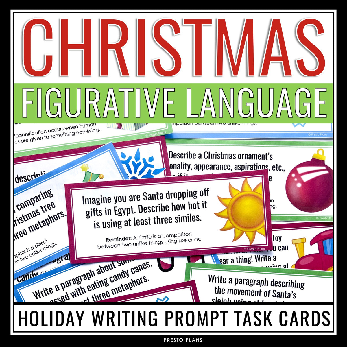 christmas figurative language writing task cards - holiday writing