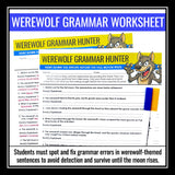 Halloween Grammar Worksheet Assignment - Grammar Editing Activity - Werewolf