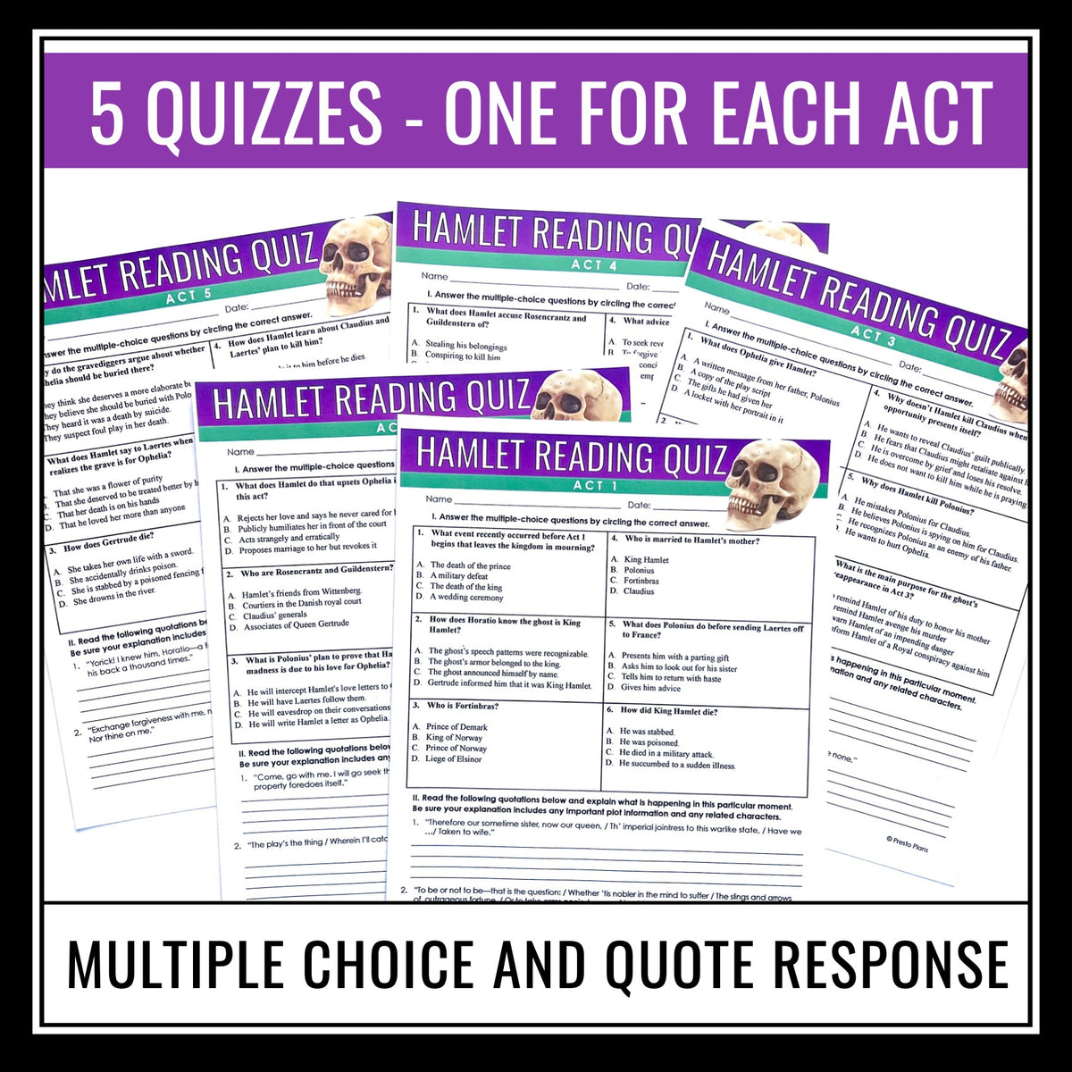 Hamlet Quizzes Multiple Choice and Quote Quizzes for Shakespeare's P
