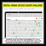 Comma Splices Escape Room Grammar Digital Activity, Google Slides, and Quiz