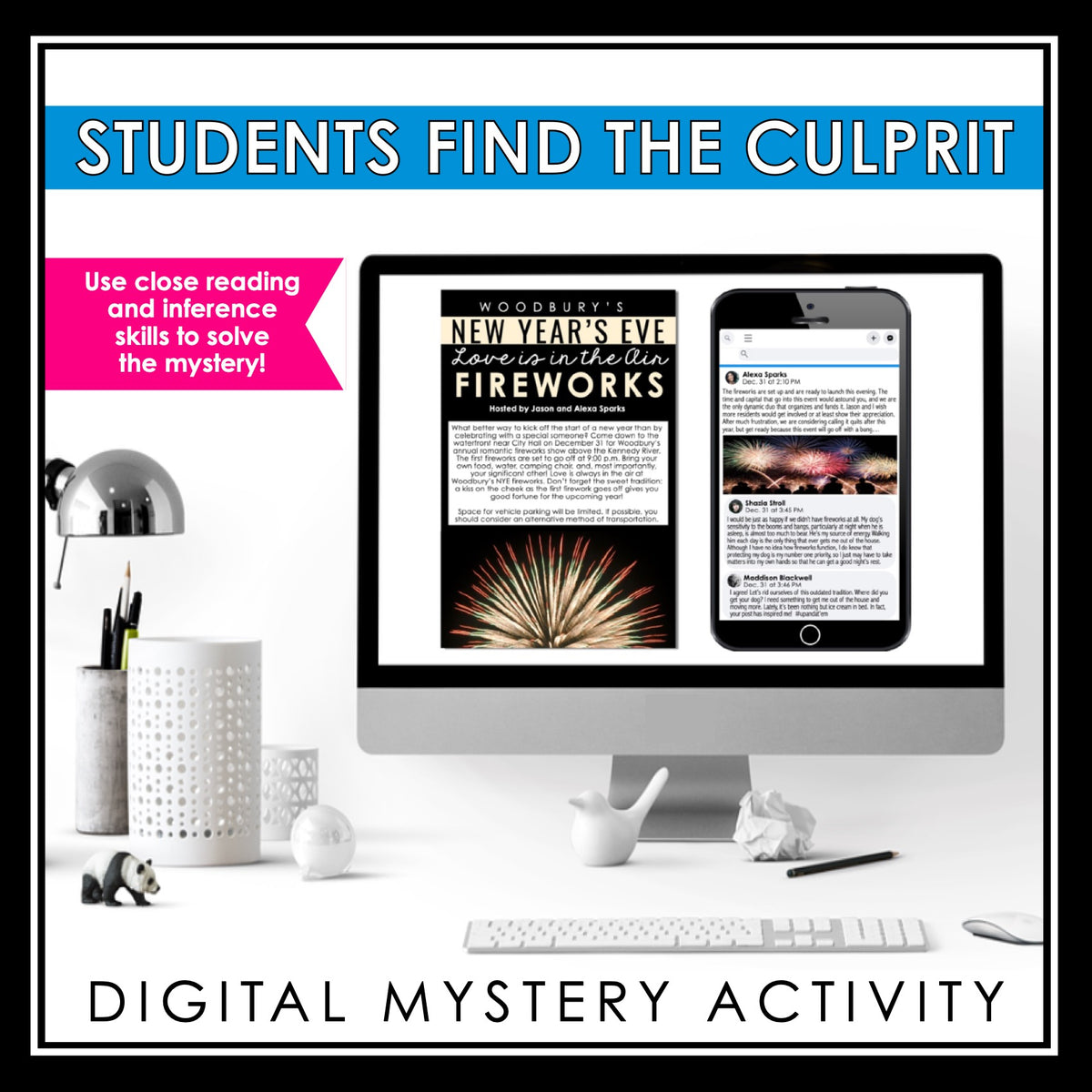 New Year's Close Reading Digital Mystery Inference Activity - Firework ...