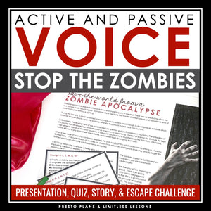 Active and Passive Voice Grammar Activity Escape Room Challenge, Slides, & Quiz