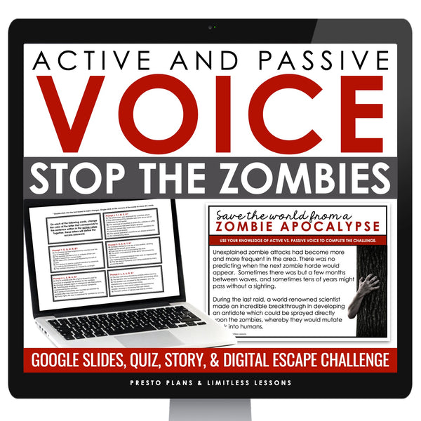 Active and Passive Voice Escape Room Digital Grammar Activity, Slides, & Quiz