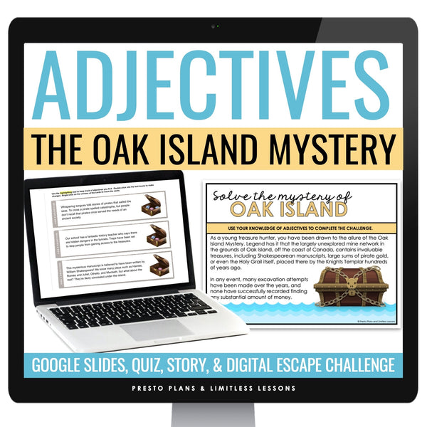 Adjectives Parts of Speech Escape Room Digital Activity, Google Slides, and Quiz