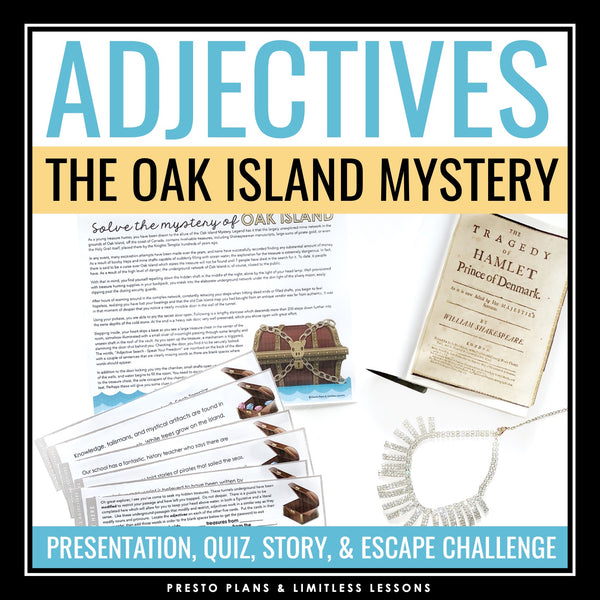 Adjectives Parts of Speech Grammar Activity Escape Challenge, Slides, & Quiz