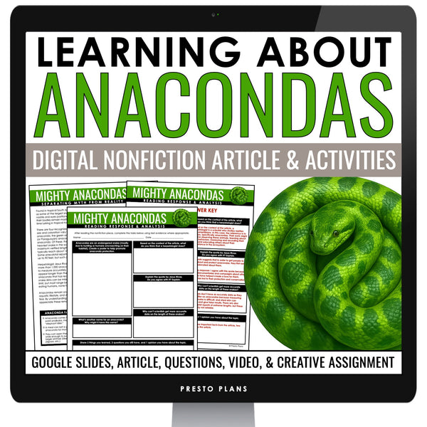 Nonfiction Reading Comprehension Digital Article and Activities - Anacondas