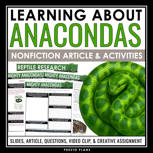 Nonfiction Reading Comprehension Article and Activities - Anaconda Snakes