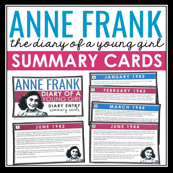 Anne Frank The Diary of a Young Girl Summaries - Monthly Text Summary Cards