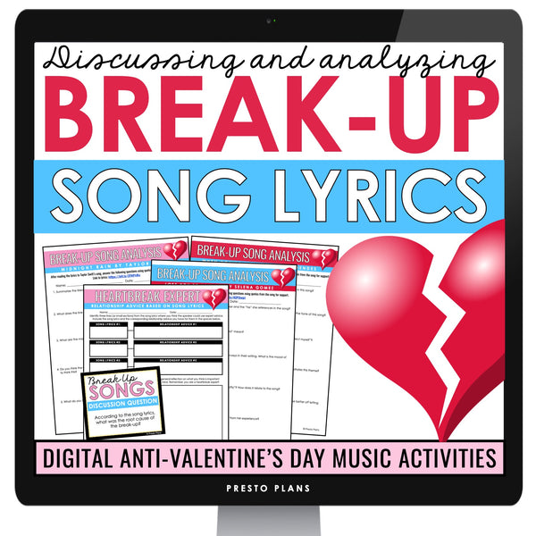 Valentine’s Day Poetry Assignments - Break Up Songs Analysis Activities Digital