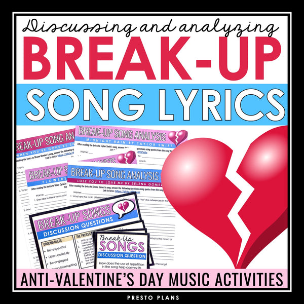 Valentine’s Day Poetry Assignments - Break Up Song Lyrics Analysis Activities