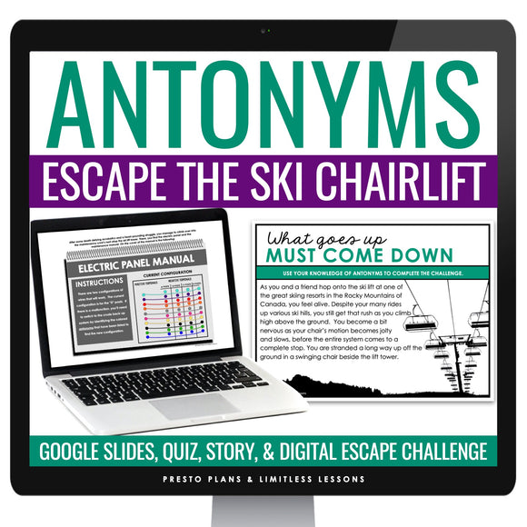 Antonyms Vocabulary Word Escape Room Digital Activity, Google Slides, and Quiz