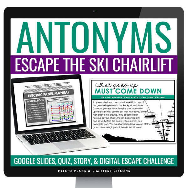 Antonyms Vocabulary Word Escape Room Digital Activity, Google Slides, and Quiz