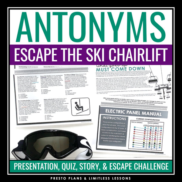 Antonyms Vocabulary Word Activity Escape Challenge, Presentation, and Quiz