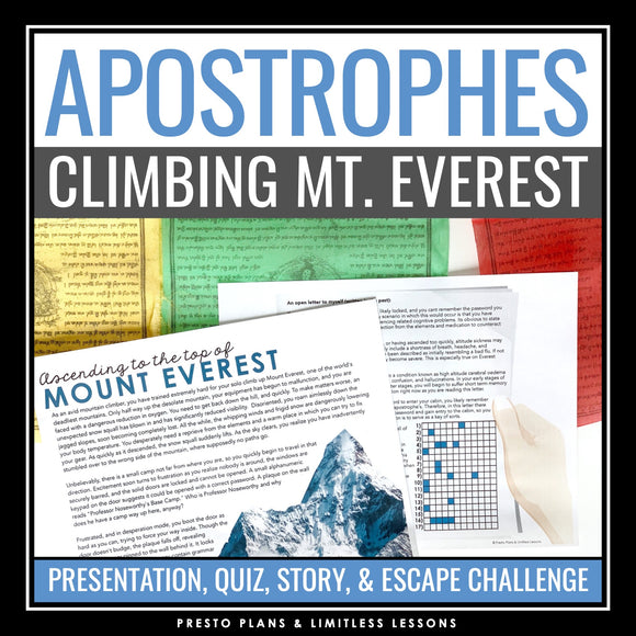 Apostrophes Punctuation Grammar Activity Escape Room Challenge, Slides, & Quiz