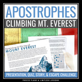 Apostrophes Punctuation Grammar Activity Escape Room Challenge, Slides, & Quiz