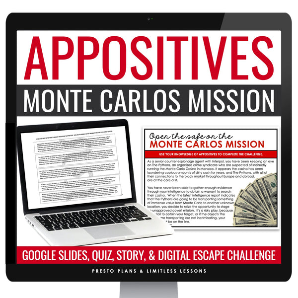 Appositives Escape Room Digital Grammar Activity, Google Slides, and Quiz