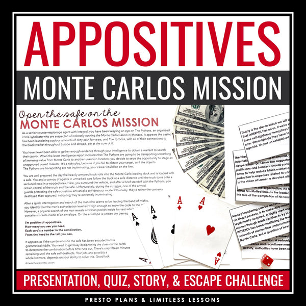 Appositives Grammar Activity Escape Room Challenge, Presentation, and Quiz