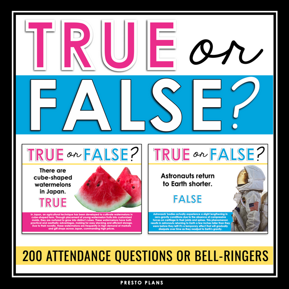 Attendance Questions or Daily Bell Ringers - True or False Questions