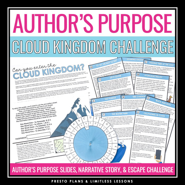 Author's Purpose Introduction Presentation and Escape Room Reading Activity