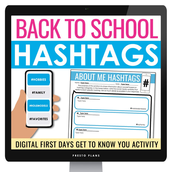 Back to School Activity - Hashtags Get to Know You First Day Digital Assignment