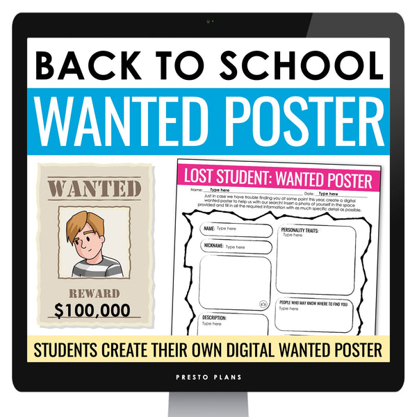 Back to School Activity - Wanted Poster Get to Know You Digital Assignment