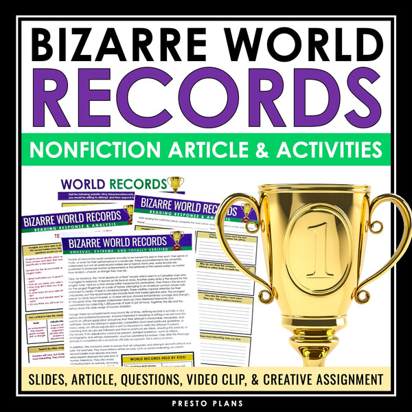 Nonfiction Reading Comprehension Article and Activities - World Records
