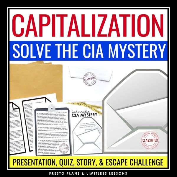 Capitalization Escape Room Punctuation Practice Activity, Presentation, and Quiz