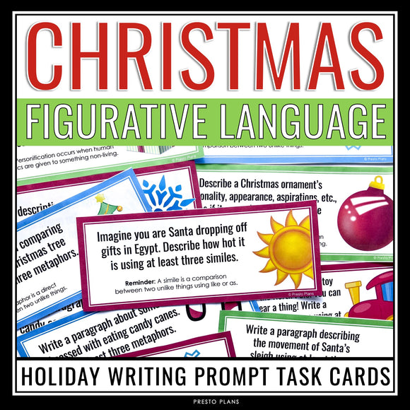 Christmas Figurative Language Writing Task Cards - Holiday Writing Prompts