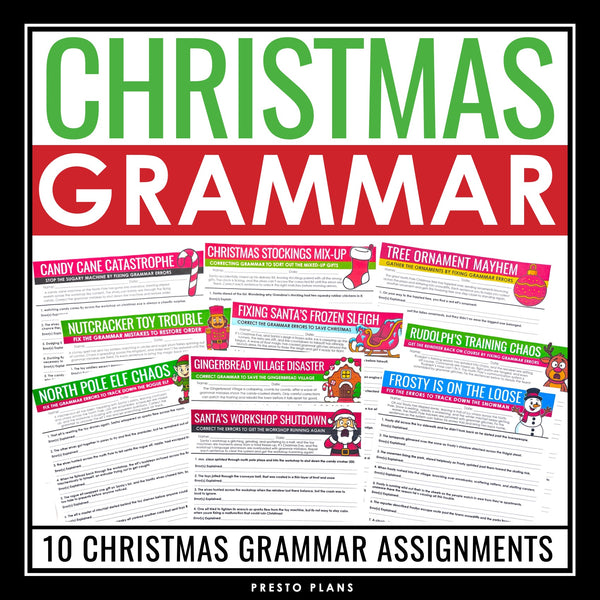 Christmas Grammar Worksheets - Editing Punctuation, Spelling, & Grammar Activity