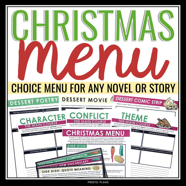 Christmas Reading Assignment for Any Novel or Short Story - Holiday Choice Menu