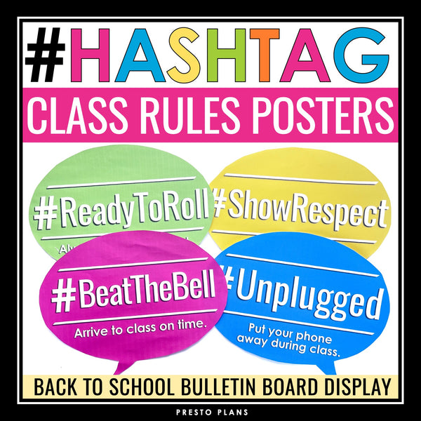 Class Rules Posters - Hashtags - Creative Back to School Bulletin Board Decor