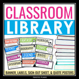 Classroom Library Labels for Novel Genres, Posters, and Book Sign-Out Sheet