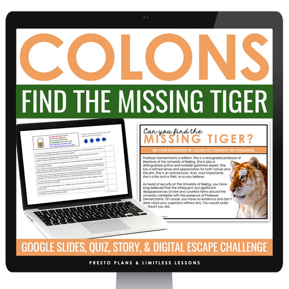 Colons Escape Room Punctuation Grammar Digital Activity, Google Slides, and Quiz