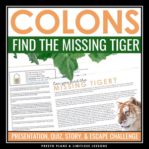Colons Punctuation Grammar Activity Escape Room Challenge, Presentation, & Quiz