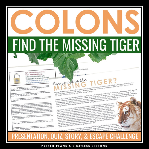 Colons Punctuation Grammar Activity Escape Room Challenge, Presentation, & Quiz