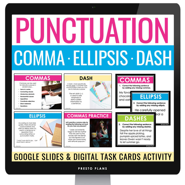 Comma, Ellipsis, & Dash Punctuation - Digital Grammar Lesson & Assignments