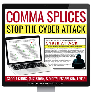 Comma Splices Escape Room Grammar Digital Activity, Google Slides, and Quiz