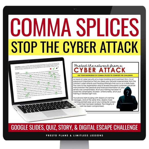 Comma Splices Escape Room Grammar Digital Activity, Google Slides, and Quiz
