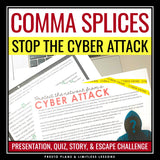Comma Splices Grammar Activity Escape Room Challenge, Presentation, and Quiz