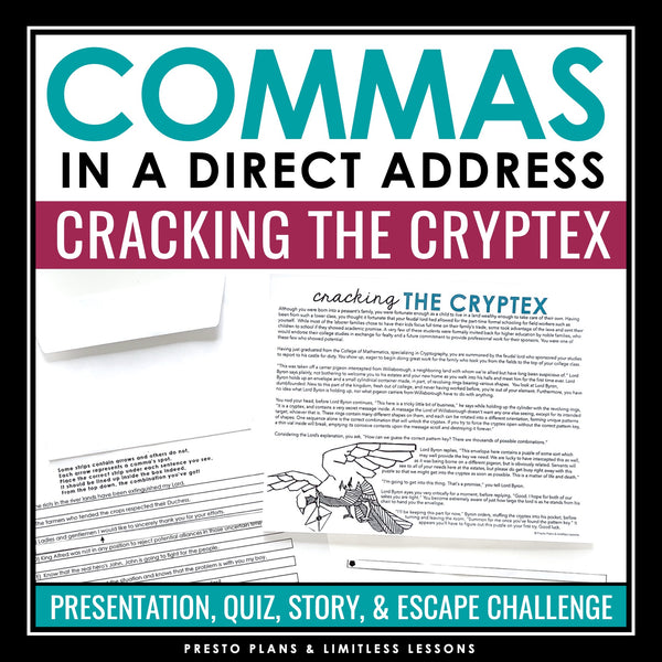 Commas in Addresses Grammar Activity Escape Room Challenge, Presentation, & Quiz