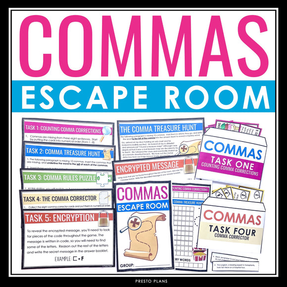 Commas Escape Room Activity - Comma Rules Breakout Review Classroom Game
