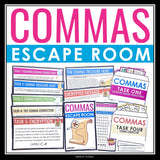 Commas Escape Room Activity - Comma Rules Breakout Review Classroom Game