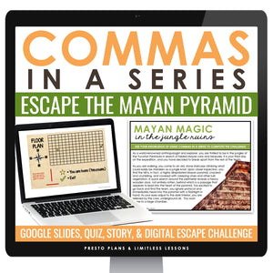 Commas in a Series Digital Grammar Activity Escape Room, Presentation, & Quiz
