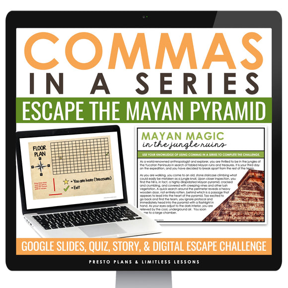 Commas in a Series Digital Grammar Activity Escape Room, Presentation, & Quiz