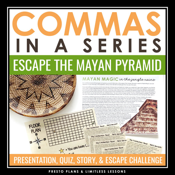 Commas in a Series Grammar Activity Escape Room Challenge, Presentation, & Quiz