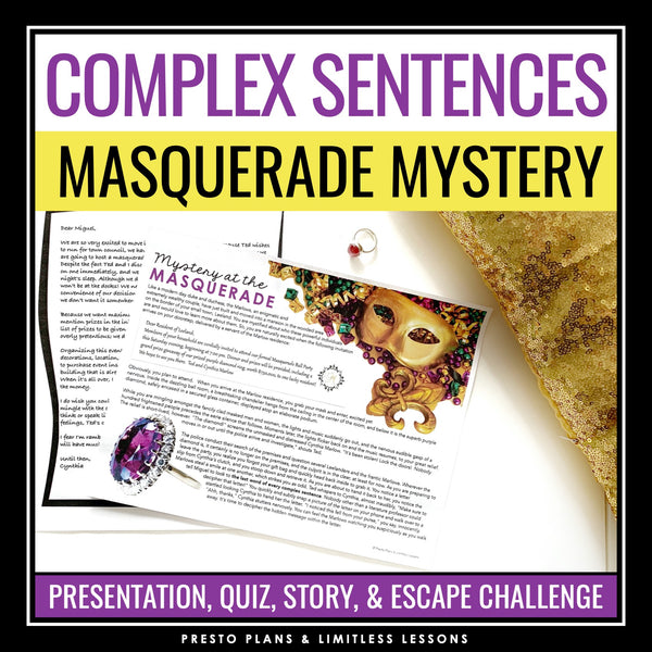 Complex Sentence Type Grammar Activity Escape Room Challenge, Slides, and Quiz