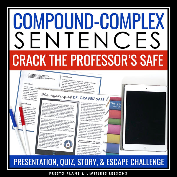 Compound-Complex Sentence Type Grammar Activity Escape Challenge, Slides, & Quiz