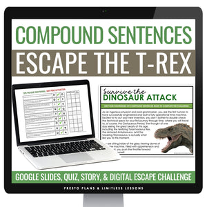 Compound Sentence Type Grammar Digital Escape Room Activity, Slides, and Quiz