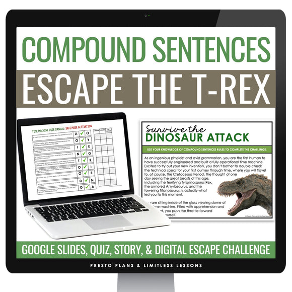 Compound Sentence Type Grammar Digital Escape Room Activity, Slides, and Quiz