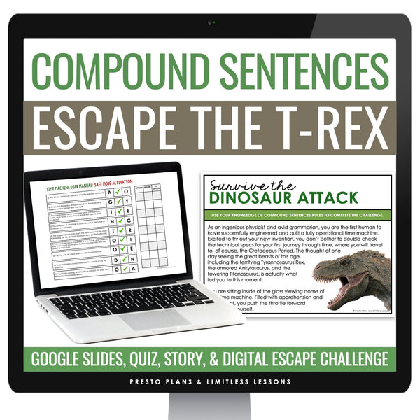 Compound Sentence Type Grammar Digital Escape Room Activity, Slides, and Quiz